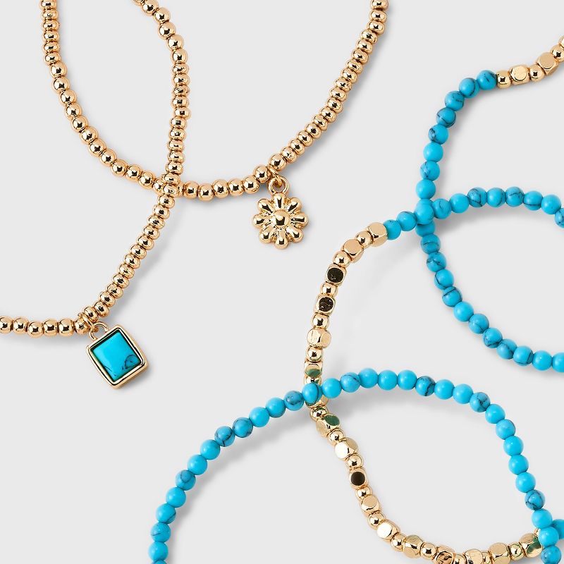 Beaded Stretch Charm Bracelet Set w Semi Precious Turquoise Set 5pc - Universal Thread&#8482; Gold/Turquoise, 5 of 8