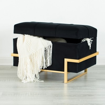 Fabulaxe Rectangular Velvet Storage Ottoman with Gold Legs, Black