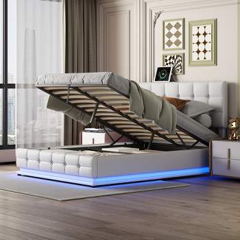 Queen Size PU Tufted Upholstered Platform Bed with Hydraulic Storage System, LED Lights and USB charger-ModernLuxe
