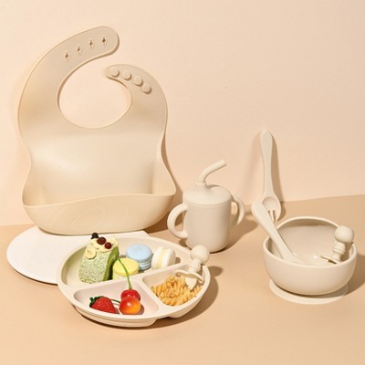 AOSTIRMOTOR Baby Tableware Suction Plate Bowl Bib Fork and Spoon Set Baby Silicone Feeding Set