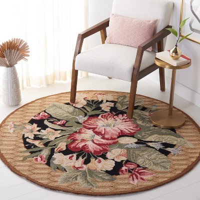 Handmade Round Black Floral Wool Area Rug
