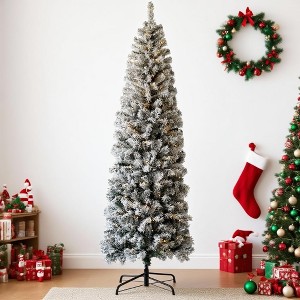 COZONY Prelit Pencil Christmas Tree, Partially Flocked Skinny Xmas Tree with Frosted Tips & Foldable Stand for Holiday Decor - 1 of 4