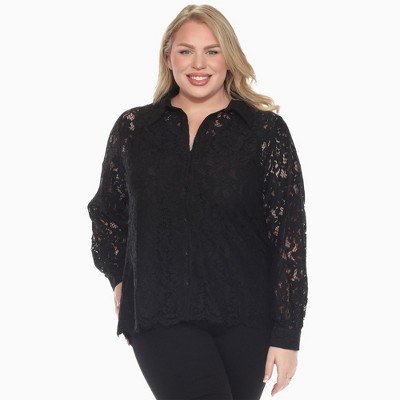 Plus Size Button Down Lace Top - White Mark