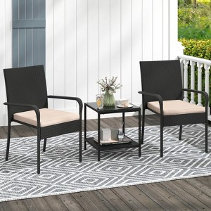 Costway 3 PCS Patio Furniture Set with 2-Tier Table Tempered Glass Tabletop & Soft Cushions White/Black/Brown - 1 of 4