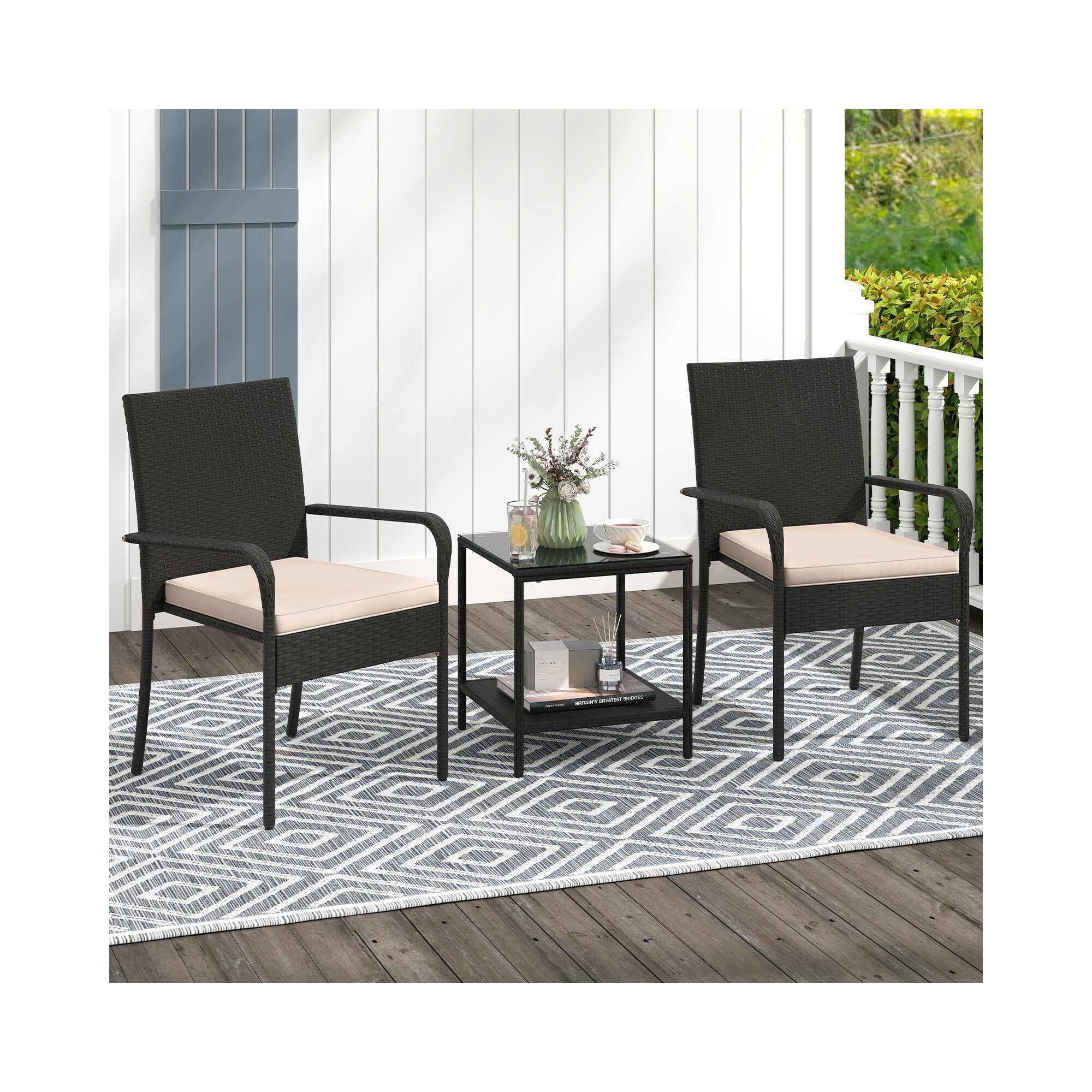 Costway 3 PCS Patio Furniture Set with 2-Tier Table Tempered Glass Tabletop & Soft Cushions Brown
