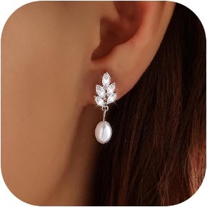 Pearl Earrings,14k Gold Plated Trendy Diamond Pearl Drop Earrings Bridal Shower Gifts Wedding jewelry for Women - 1 of 4