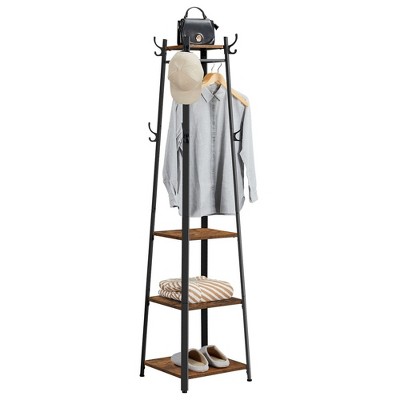 Industrial Black Steel Coat Rack with Shelves and Hooks