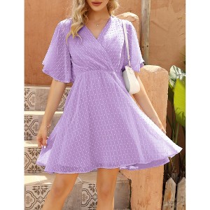 Women's Wrap V-Neck Dot Dress Flutter Sleeve Mini Dress Breathable Summer Dress - 1 of 4