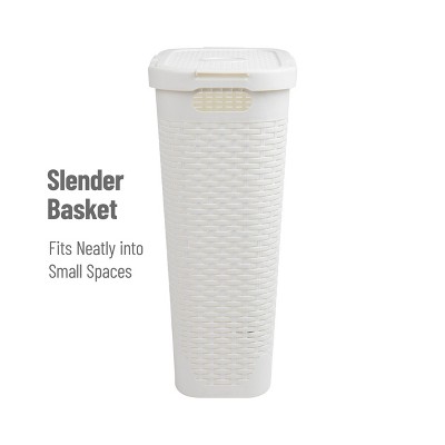 White Slim Rectangular Wicker Laundry Hamper with Lid