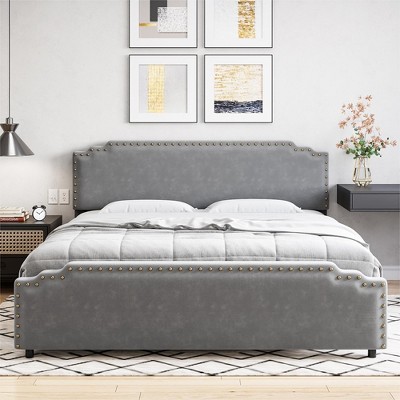 Velvet Upholstered Platform Bed Frame with Rivet Decor Headboard