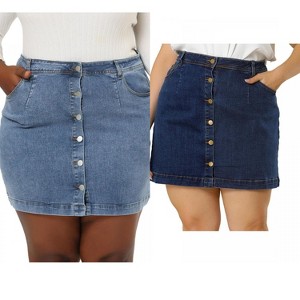 Agnes Orinda Women's Plus Size Button Side Pocket Casual A-Line Mini Denim Skirt - 1 of 4
