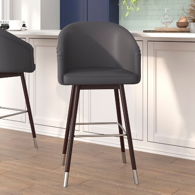 Adjustable Gray Leather & Walnut Metal Barstool 30"H