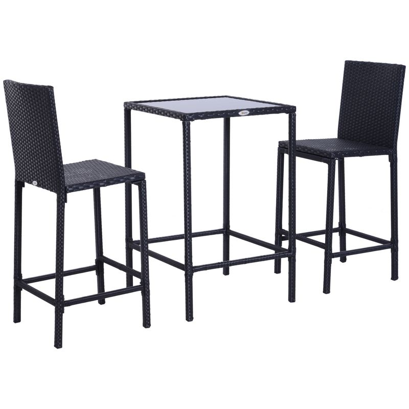 Outsunny 3 PCS Rattan Bar Set with Glass Top Table, 2 Bar Stools for Outdoor, Patio, Garden, Poolside, Backyard, 4 of 9