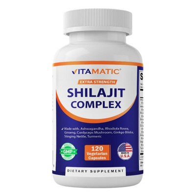 Shilajit Complex Capsules, 9000mg Equivalent, with Ashwagandha, Rhodiola, Ginseng, Cordyceps, Ginkgo, Nettle, Turmeric - 120 Veggie Capsules