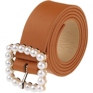 INSPIRE CHIC Women's Faux Leather Pearl Buckle Wide Waist Belts 40.9" X 1.2" - 1 of 4