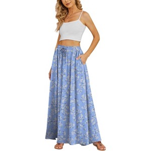 Women's High Waisted Pleated Flowy Maxi Skirt - Summer Casual with Pockets Blue White Flower - 1 of 4