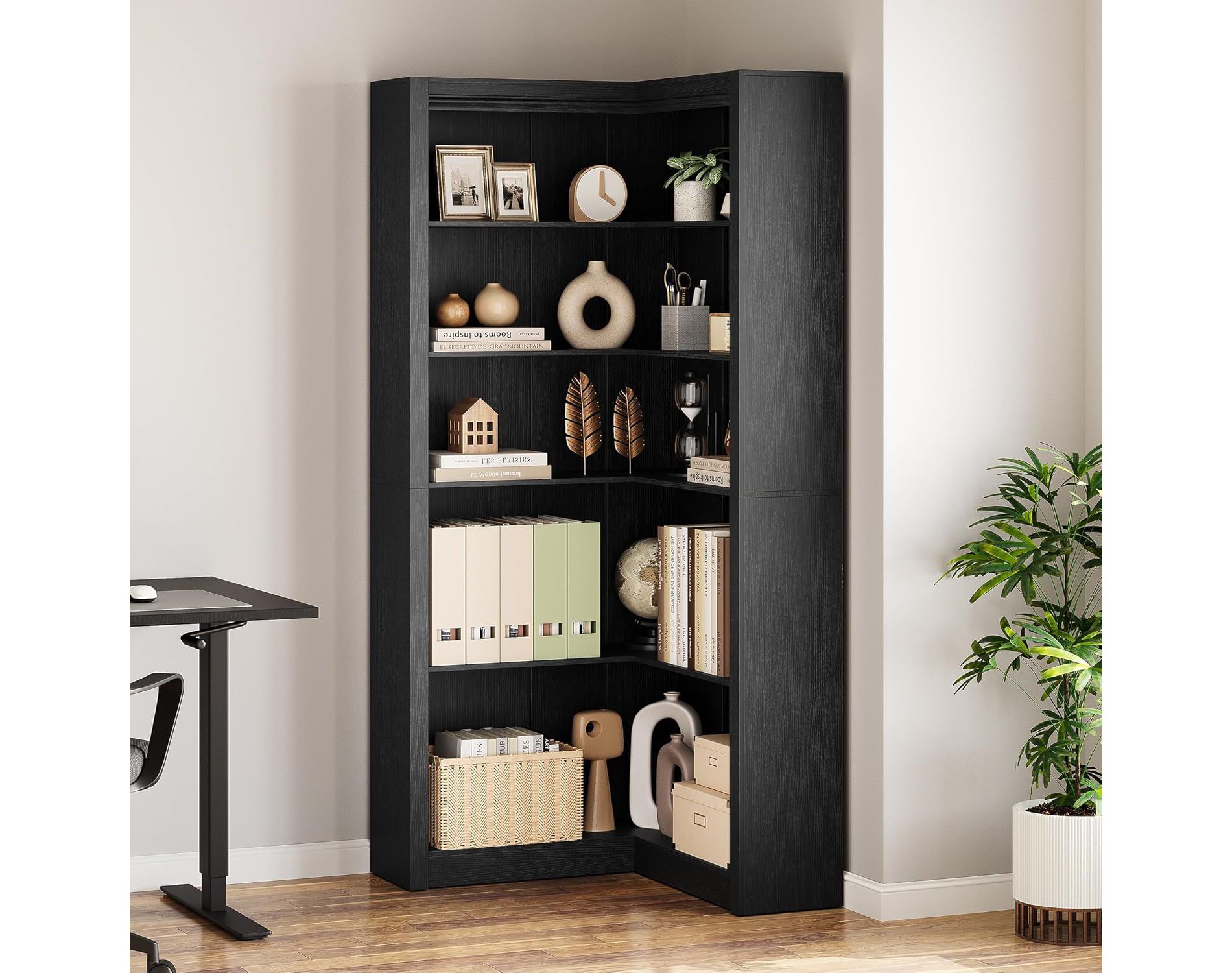 Acekool Corner Bookshelf, 71.8" Tall L-Shaped 5-Tier Bookcase, Farmhouse Display Shelf, Large Heavy Duty Storage for Living Room, Office, Black