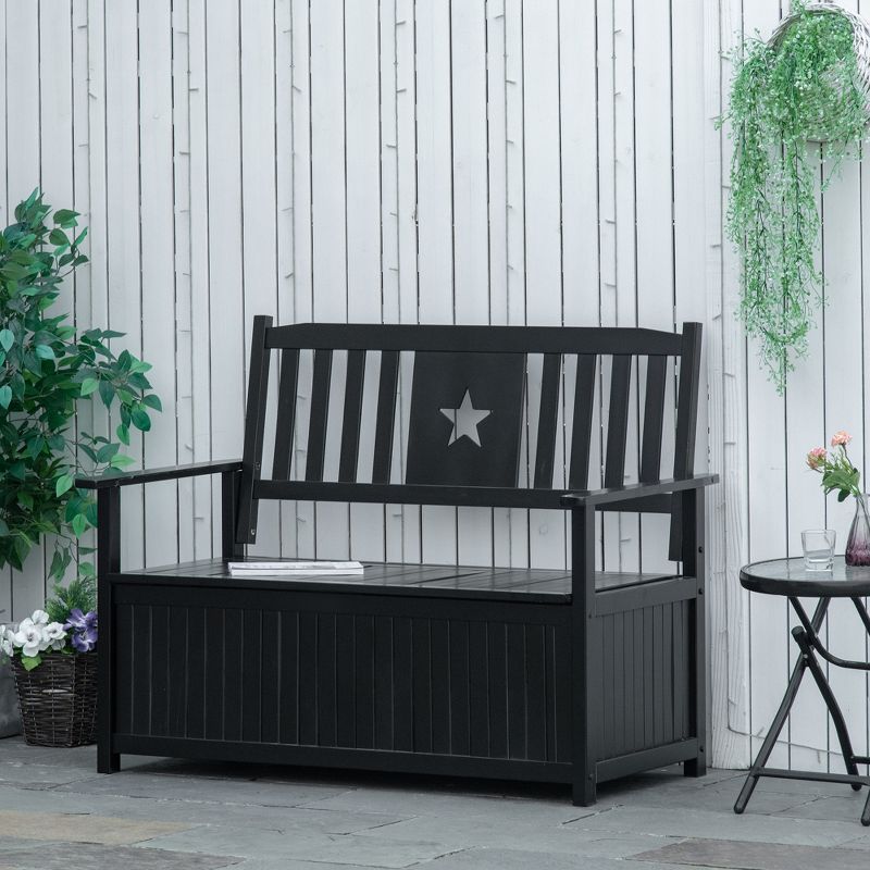 Outsunny Outdoor Wooden Storage Bench Deck Box, Wood Patio Furniture, 43 Gallon Pool Storage Bin Container with Cloth, Backrest, Armrests, Star, Black, 2 of 7