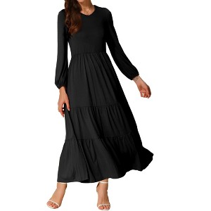 INSPIRE CHIC Women's Tiered Crewneck Long Sleeve Maxi Casual A-Line Dress with Pockets - 1 of 4