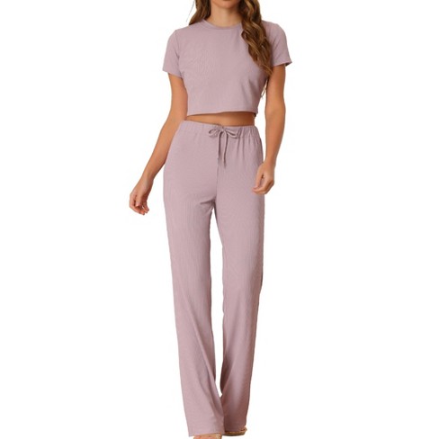 Allegra K Women's Two Pieces Lounge Set Short Sleeve Bodycon Ribbed Knit Crop  Top Loose Wide Leg Pant Casual Outfits Sweatsuit Dusty Pink Small : Target