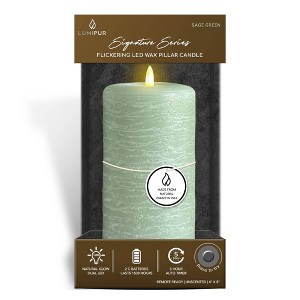 LumiPur 4"x8" Signature Natural Glow Flickering Flameless LED Wax Pillar Candle Sage Green - 1 of 4