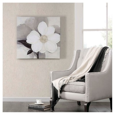 30" Square Midday Bloom Canvas with Hand Embellishment White