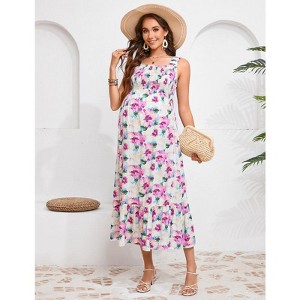 Women Smocked Maternity Boho Dress Summer Casual Spaghetti Strap Ruffle Sleeveless Flowy Maxi Dress Baby Shower Photoshoot - 1 of 4