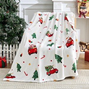 Christmas Blanket - White Holiday Throw with Santa Claus & Snowman - 1 of 4