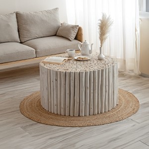 32" Natural Wood Handcrafted Round Coffee Table with Carved Top for Modern Living Room - 1 of 4