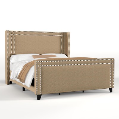 Bed Frame with 58" Tall Headboard,Silver Plating Trim,Velvet Upholstered