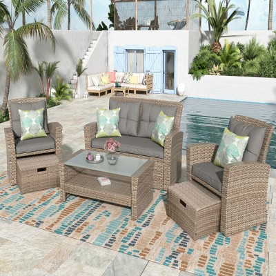 Eden 6 Piece Outdoor Conversation Set All Weather Wicker Sectional Sofa with Ottoman and Cushions Patio Furniture Set-Maison Boucle