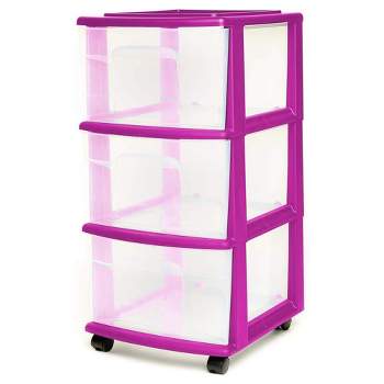 Homz Clear Plastic 3 Drawer Medium Home Organization Storage Container Tower with 3 Large Drawers and Removeable Caster Wheels, Purple Frame
