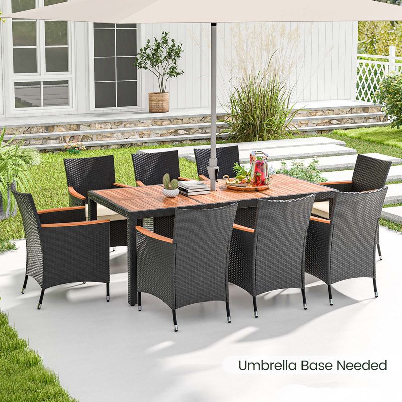 Costway 9 PCS Outdoor Dining Set with Acacia Wood Tabletop, Umbrella Hole, Seat Cushions, 4 of 11