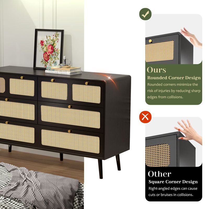 6/4-Drawer Dresser, Modern Rattan Dresser Chest with Metal Handles, Storage Cabinet Sideboard, Black 4M - ModernLuxe, 5 of 9