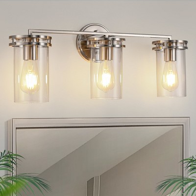 YANSUN 24 in. 3-Light Brushed Nickel Vanity Light with Industrial Glass Shades for Bathroom Nickel