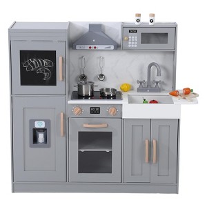 Wooden Play Kitchen for Kids, Pretend Kitchen Set with Lights, Sounds, Microwave, Ice Maker, Oven, 20PCS Accessories, Chef Toys - 1 of 4