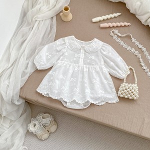 MyKids-Usa Arrival Baby Girls Long Sleeves Solid Color Bows and Flowers Embroidered Bodysuits Onesies - 1 of 4
