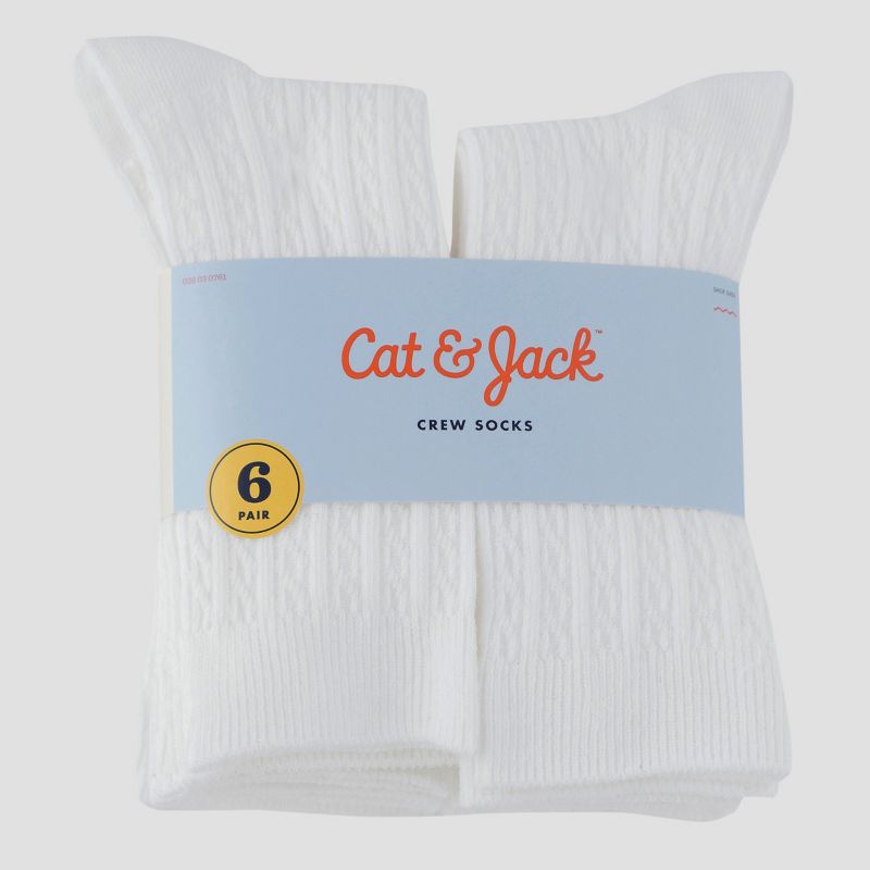 Girls' 6pk Cable Crew Socks - Cat & Jack™ White, 2 of 4