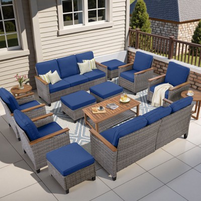 Buenhomino 13-Piece Outdoor Patio Set – 4 Single Chairs, 2 Sofas, 2 Side Tables, 4 Ottomans & Coffee Table, Wicker with Cushions, Beige