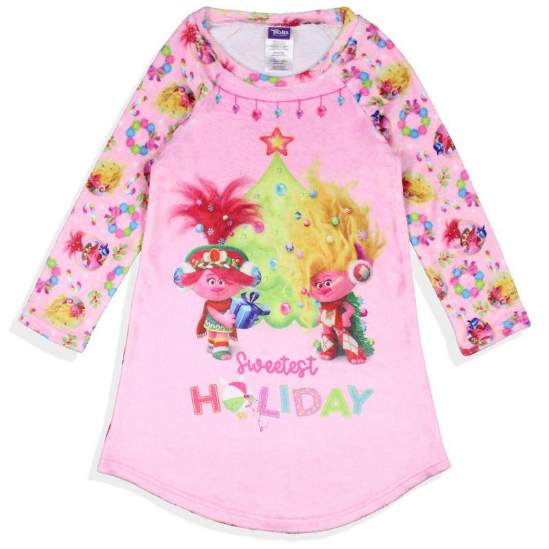 Trolls Girl's Sweetest Holiday Plush Fleece Raglan Kids Pajama Nightgown Multicolor, 1 of 5