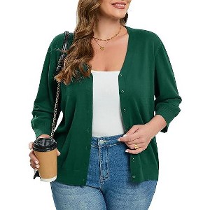 Women's Plus Size Cardigan Open Front Oversized Button Lightweight Sweaters V Neck Loose 3/4 Sleeve Cardigans Knit Outwear - 1 of 4