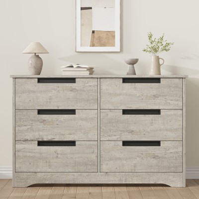 6 Drawer Dresser for Bedroom, Grey Double Dresser Organizer with Embedded Handles Design, Wooden Chest of Drawers for Living Room Nursery Hallway