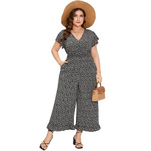 Women's Plus Size Wide Leg Floral Jumpsuits Casual Summer Short Sleeve Fashion Outfit Criss Cross Neck Smocked Waist - 1 of 4