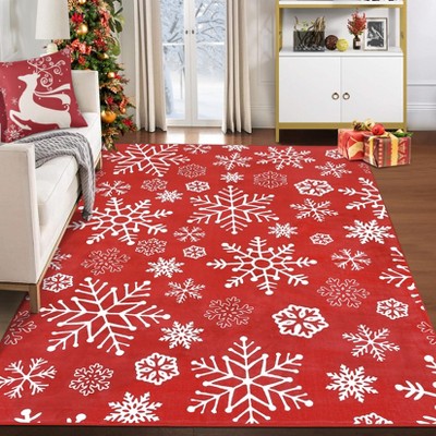 Christmas Area Rug, Snowflake Print Washable Soft Carpet with Non Slip Backing, Low Pile Stain Resistant Floor Mat for Living Room, Bedroom
