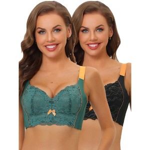 Allegra K Women's Wide Straps Push Up High Back Padded Lace Full Coverage Bralettes 2 Packs - 1 of 4