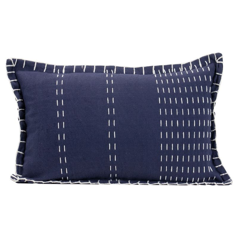 Blue Hand Woven 14x22" Decorative Cotton Throw Pillow and Hand Embroidered Pattern - Foreside Home & Garden, 1 of 6