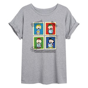 Women's - Peanuts - Season's Greetings Charlie Lucy Sally Linus Christmas Carol Oversized Graphic T-Shirt - 1 of 4