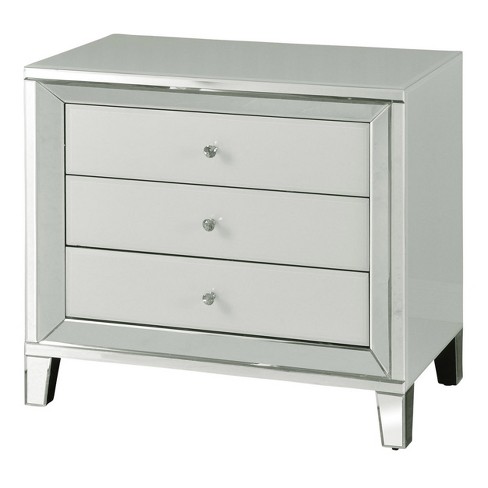 White And Clear Beveled Glass 3 Drawer Cabinet With Crystal Pulls