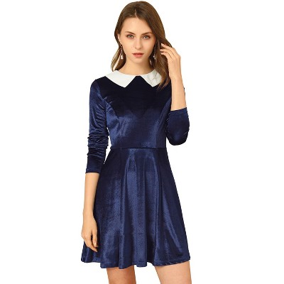 INSPIRE CHIC Women's Vintage Velvet Long Sleeve A Line Contrast Doll Peter Pan Collar Dress