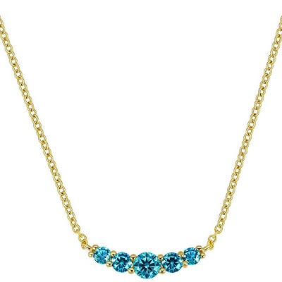 Molenia 14K Gold Plated Blue Zirconia Necklace for Women, 925 Sterling Silver Dainty Curved Bar Pendant Hypoallergenic Jewelry Birthday Gifts